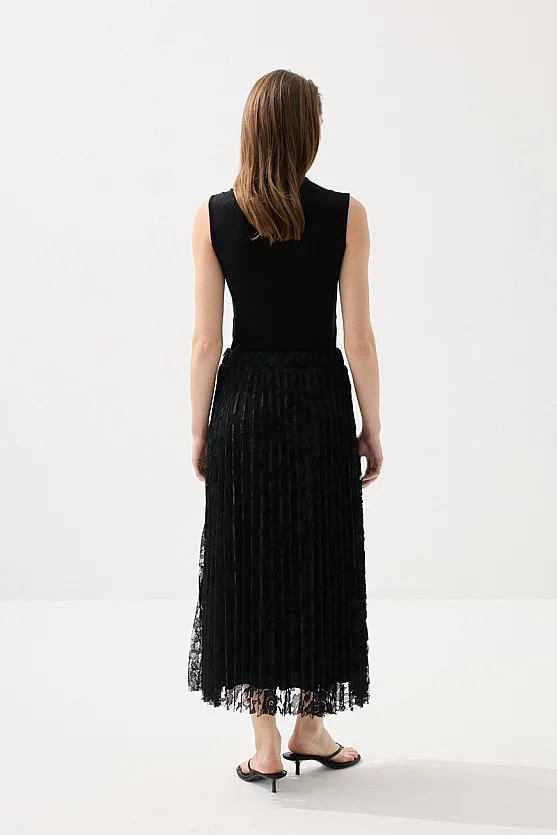 Pleated Lace Skirt - Black - 7