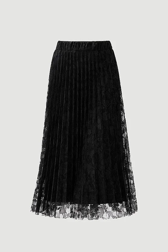 Pleated Lace Skirt - Black - 8