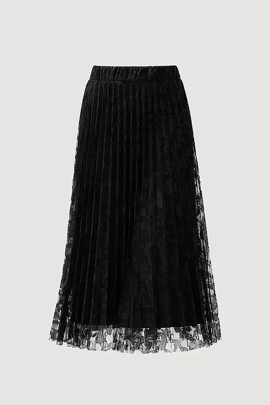 Pleated Lace Skirt - Black - Gusto