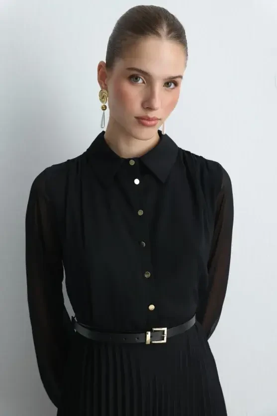 Pleated Long Chiffon Dress - Black - Gusto