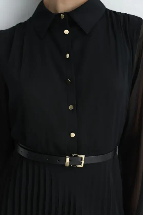 Pleated Long Chiffon Dress - Black - 4