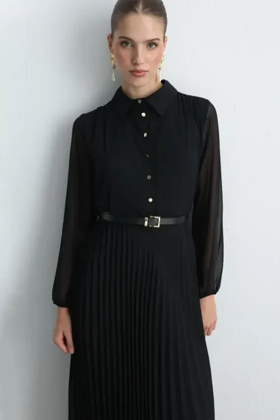 Pleated Long Chiffon Dress - Black - 3