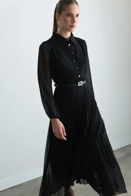 Pleated Long Chiffon Dress - Black - Gusto