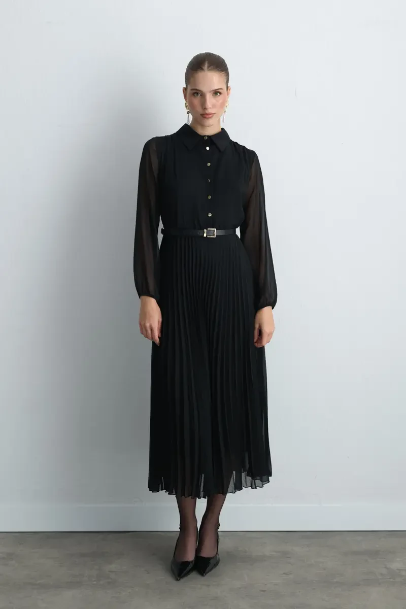 Pleated Long Chiffon Dress - Black Black