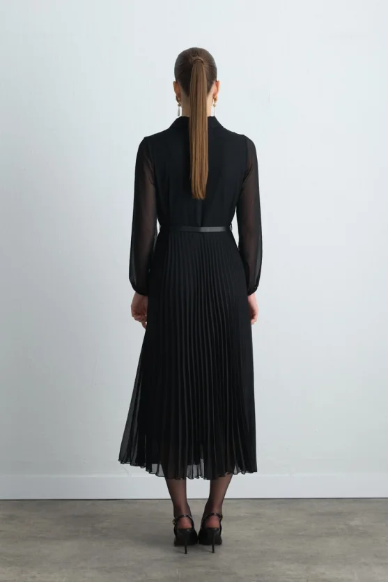Pleated Long Chiffon Dress Black - 6
