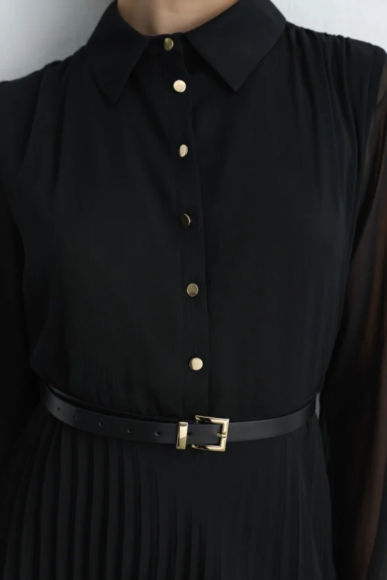 Pleated Long Chiffon Dress Black - 4