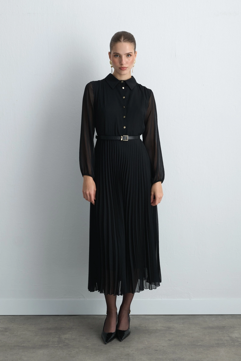 Pleated Long Chiffon Dress Black - 1