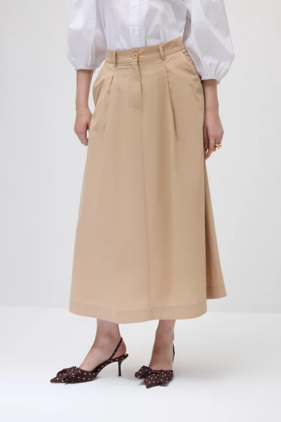 Pleated Long Cotton Skirt - Beige - 2