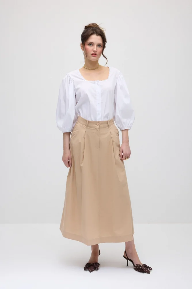 Pleated Long Cotton Skirt - Beige Beige