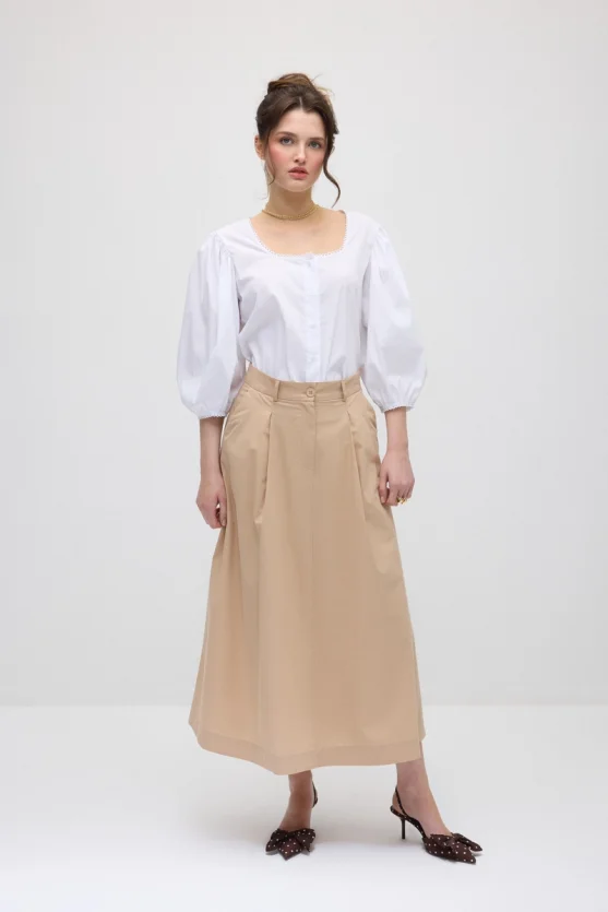 Pleated Long Cotton Skirt - Beige - 1