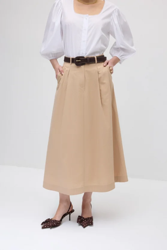 Pleated Long Cotton Skirt - Beige - 5