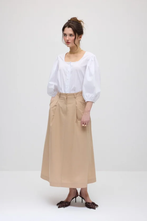 Pleated Long Cotton Skirt - Beige - 6