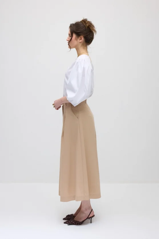 Pleated Long Cotton Skirt - Beige - 9