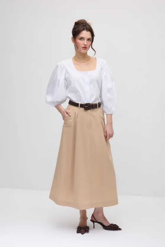 Pleated Long Cotton Skirt - Beige - 4