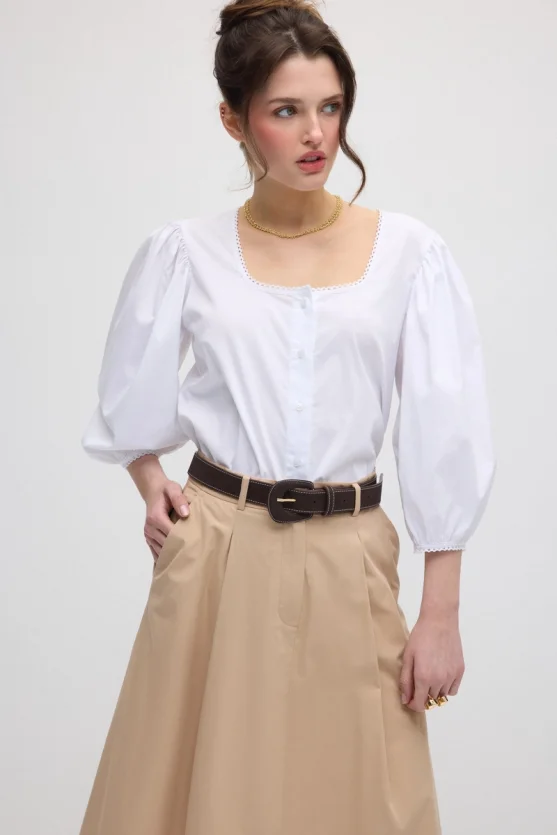 Pleated Long Cotton Skirt - Beige - 8