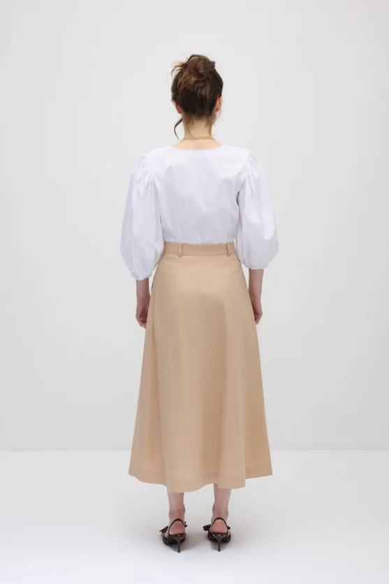 Pleated Long Cotton Skirt - Beige - 10