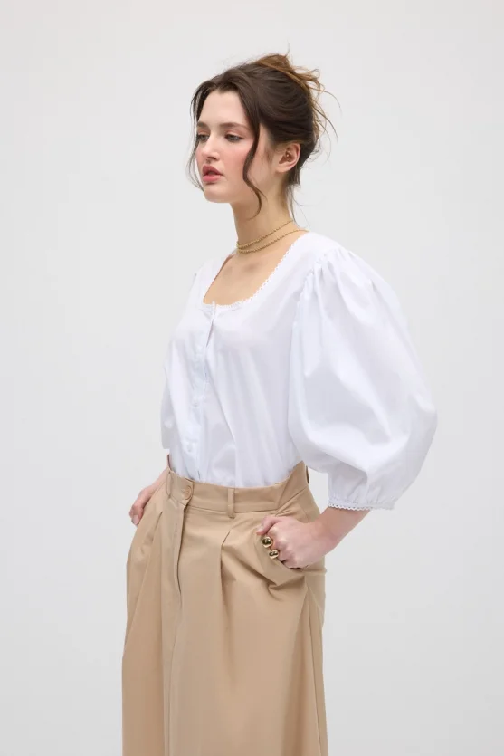 Pleated Long Cotton Skirt - Beige - 3