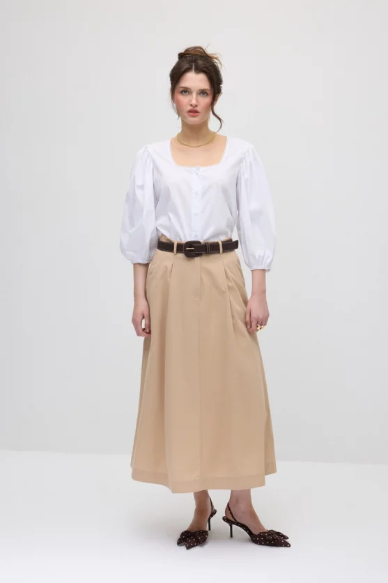 Pleated Long Cotton Skirt - Beige - Gusto