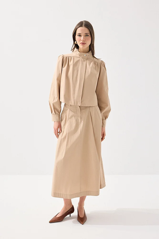 Pleated Long Cotton Skirt - Beige Beige