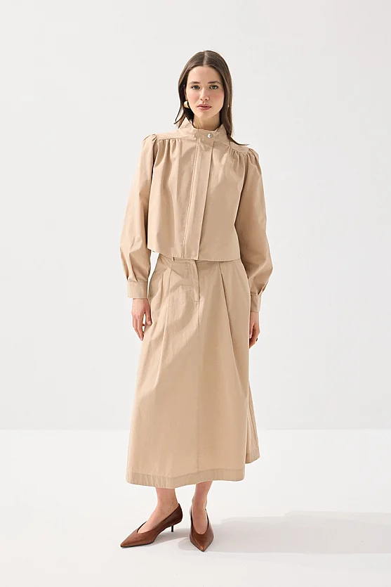 Pleated Long Cotton Skirt - Beige - Gusto