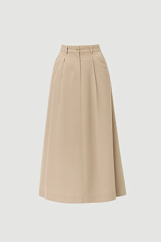 Pleated Long Cotton Skirt - Beige - 8