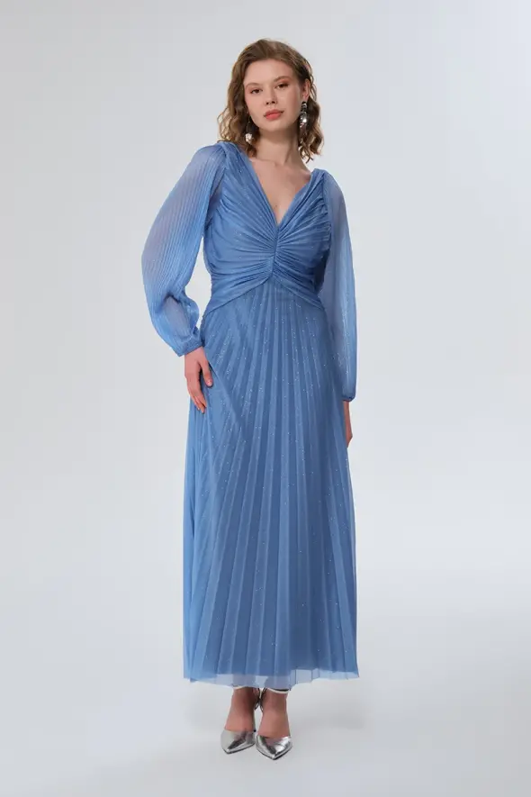 Pleated Long Evening Dress - Blue - 1