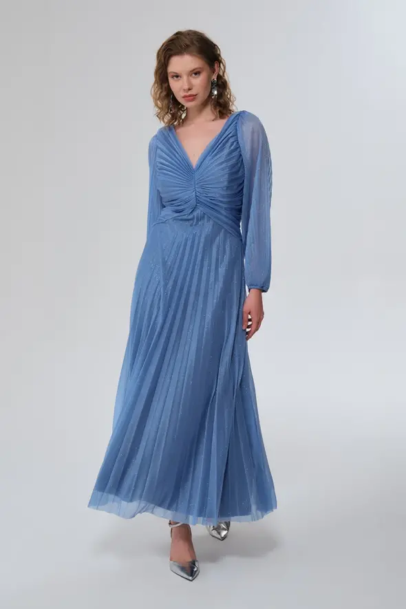 Pleated Long Evening Dress - Blue - 2