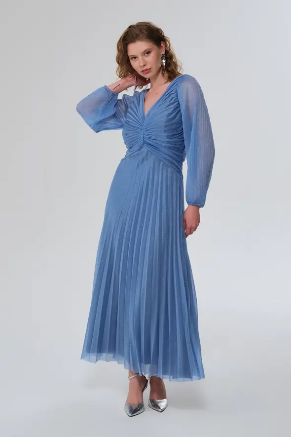 Pleated Long Evening Dress - Blue - 3