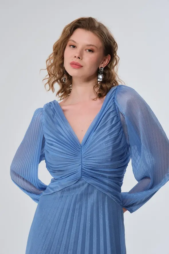 Pleated Long Evening Dress - Blue - 6