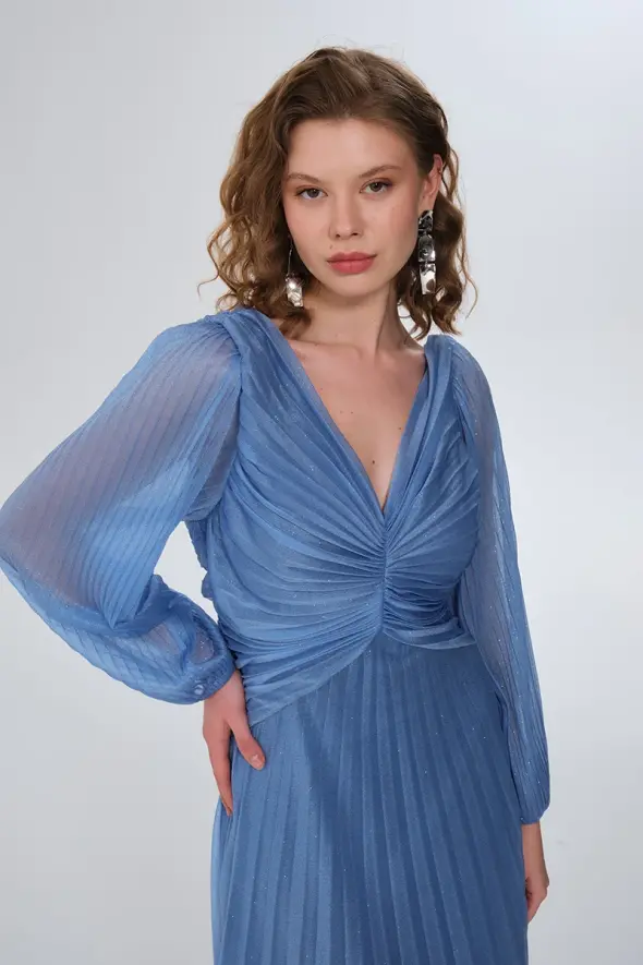 Pleated Long Evening Dress - Blue - 7