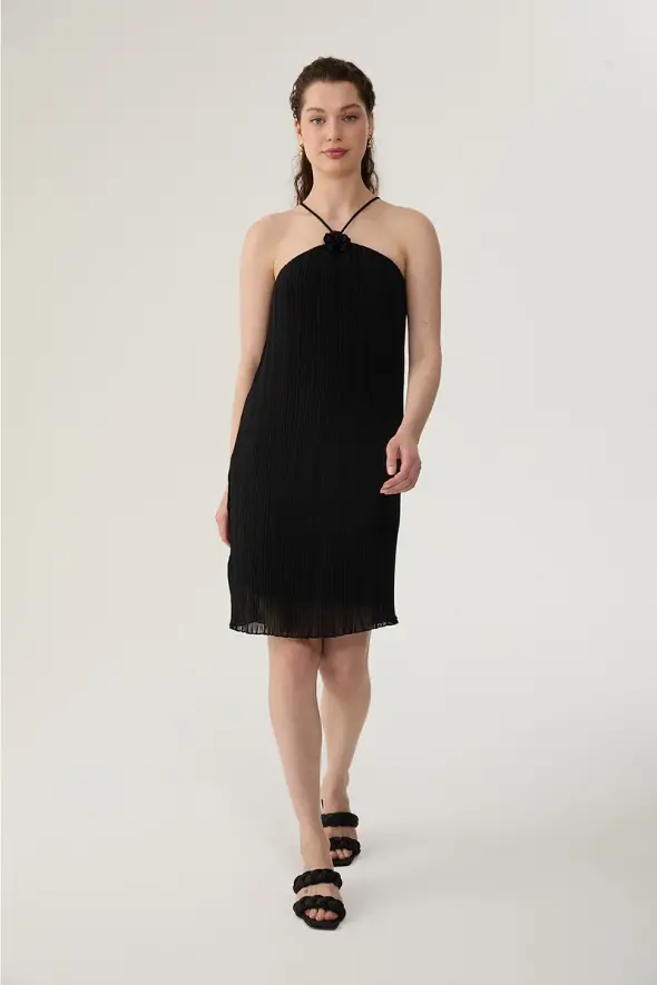 Pleated Mini Dress - Black - 2