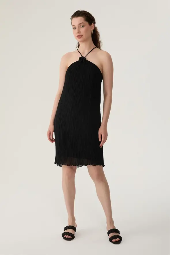 Pleated Mini Dress - Black - 4