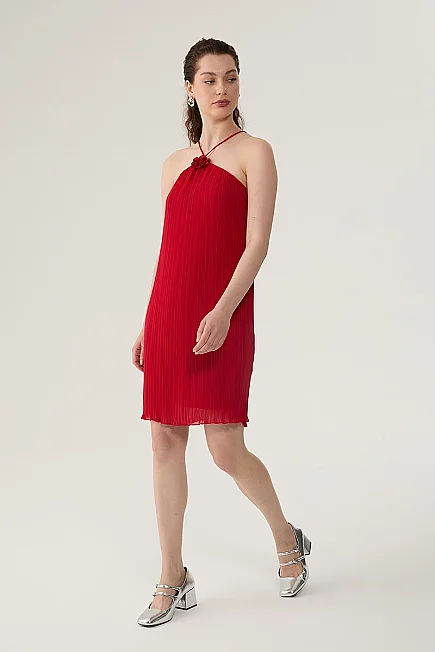 Pleated Mini Dress - Red - Gusto