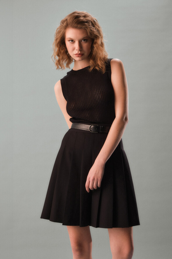 Pleated Mini Skirt - Black - 3