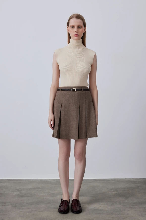 Pleated Mini Skirt with Belt - Brown - 3