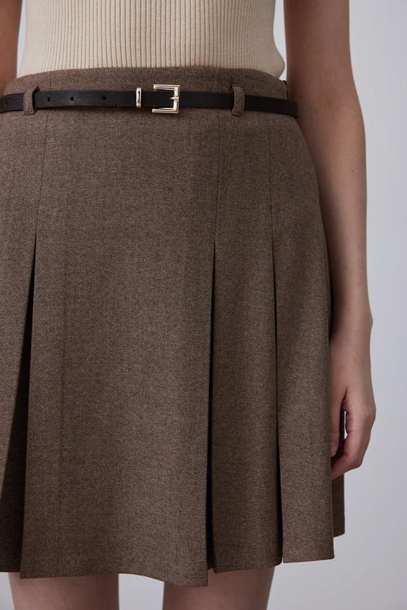 Pleated Mini Skirt with Belt - Brown - 5