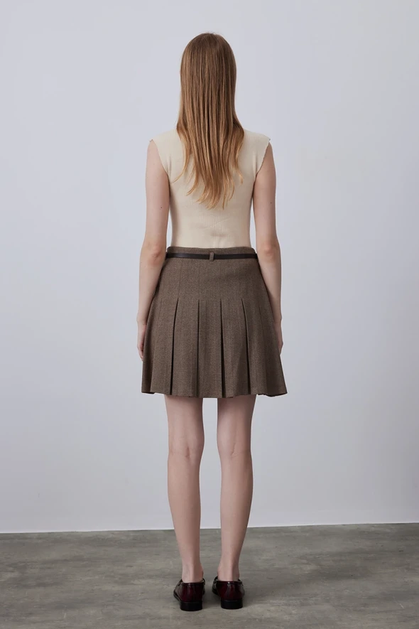 Pleated Mini Skirt with Belt - Brown - 6