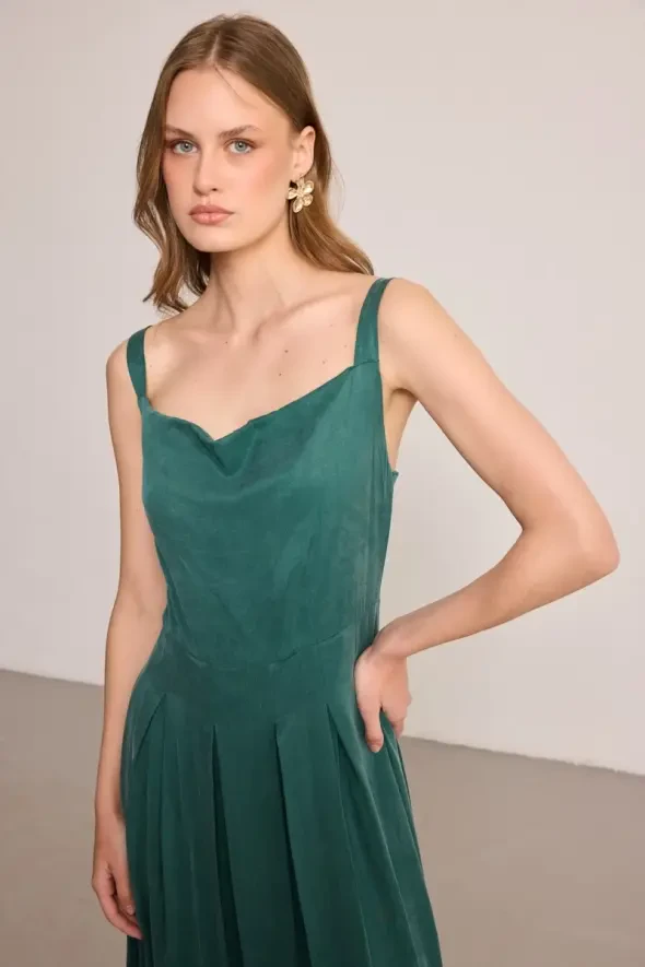 Pleated Off-Shoulder Lyocell Dress - Green - Gusto