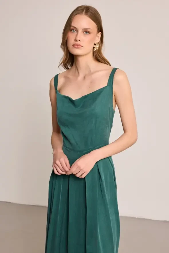 Pleated Off-Shoulder Lyocell Dress - Green - Gusto