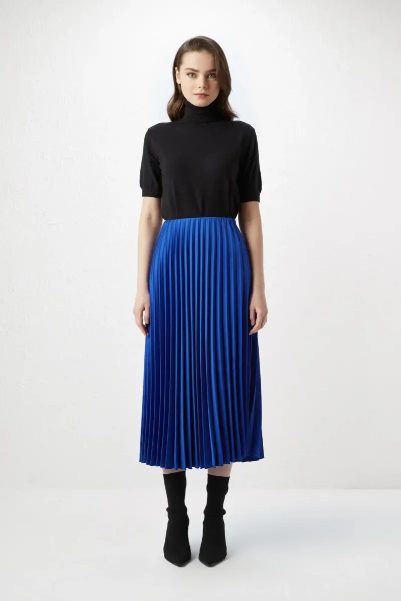 Navy pleated satin outlet skirt