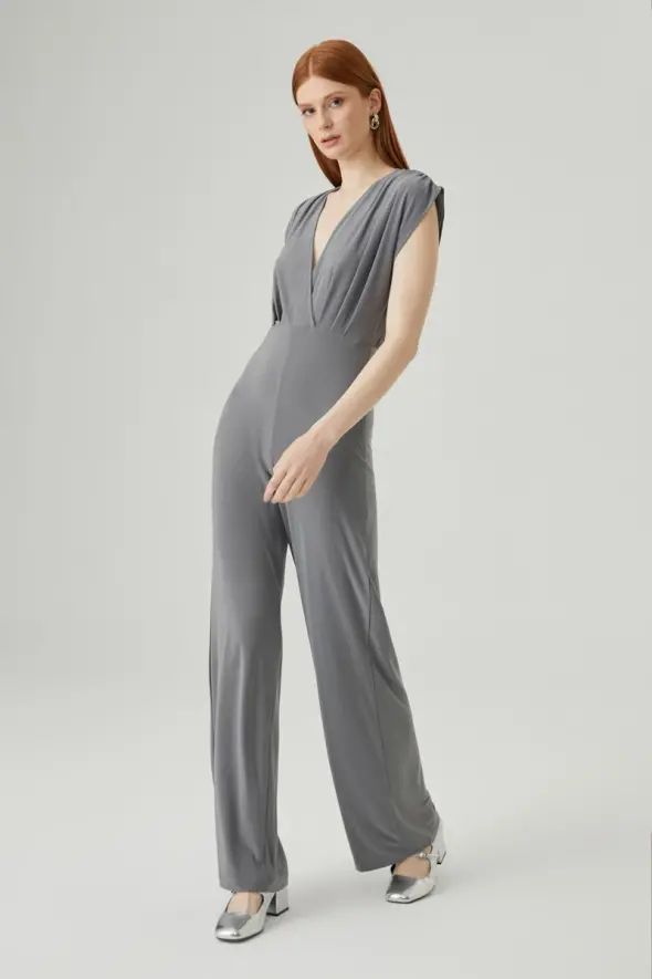 Pleated Shoulder Lycra Evening Jumpsuit - Grey - 3