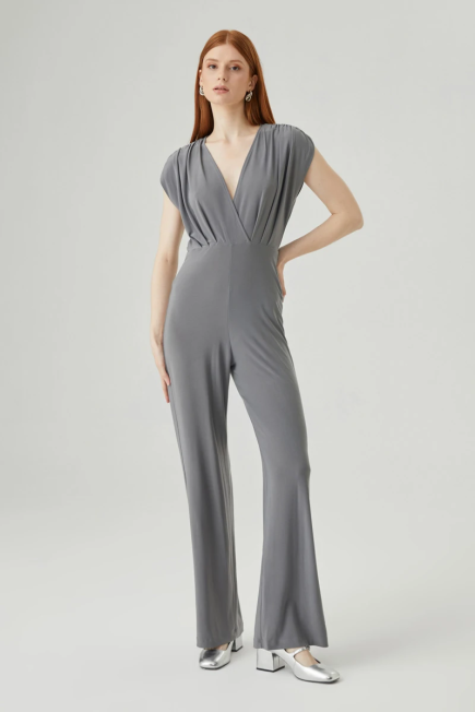 Pleated Shoulder Lycra Evening Jumpsuit - Grey Gray