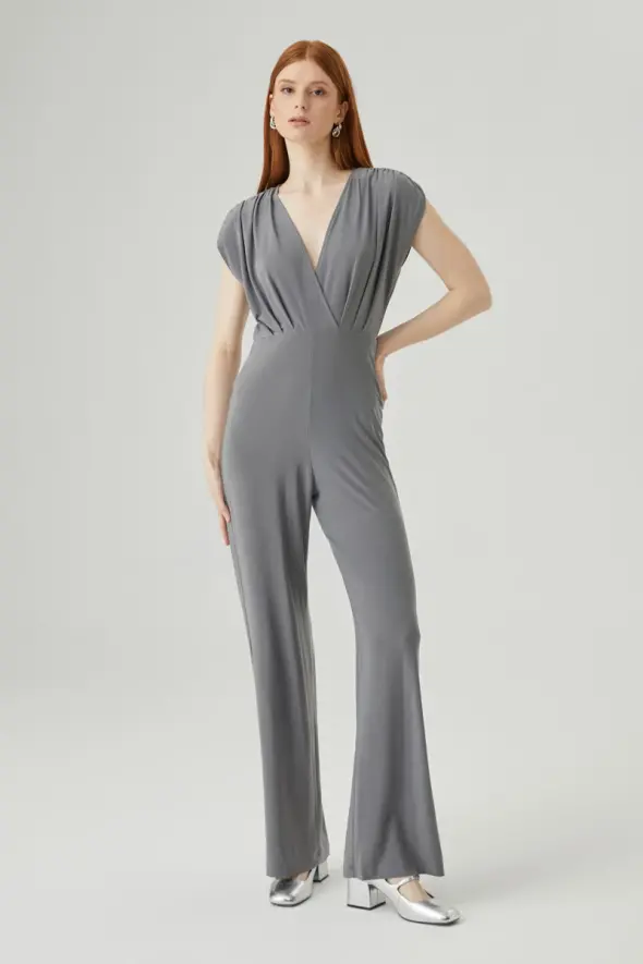 Pleated Shoulder Lycra Evening Jumpsuit - Grey - 1