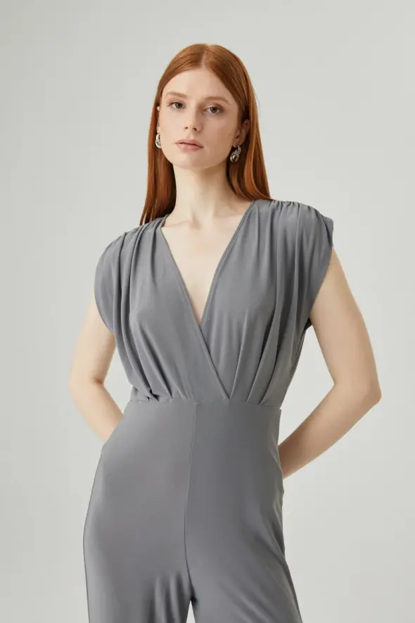 Pleated Shoulder Lycra Evening Jumpsuit - Grey - 2