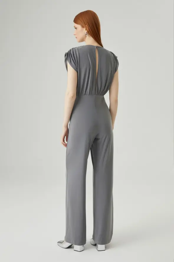 Pleated Shoulder Lycra Evening Jumpsuit - Grey - 6