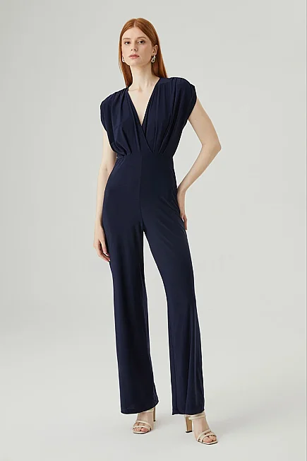 Pleated Shoulder Stretch Evening Jumpsuit - Navy - Gusto
