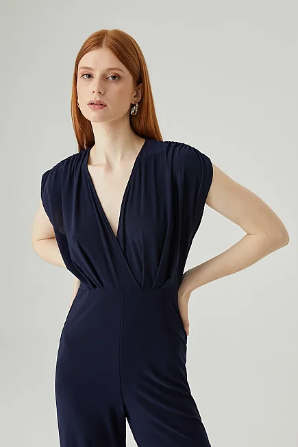 Pleated Shoulder Stretch Evening Jumpsuit - Navy - 2