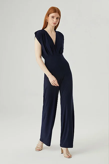 Pleated Shoulder Stretch Evening Jumpsuit - Navy - 3