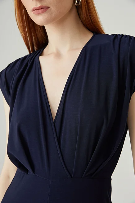 Pleated Shoulder Stretch Evening Jumpsuit - Navy - Gusto