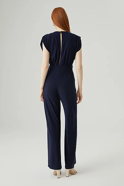 Pleated Shoulder Stretch Evening Jumpsuit - Navy - Gusto
